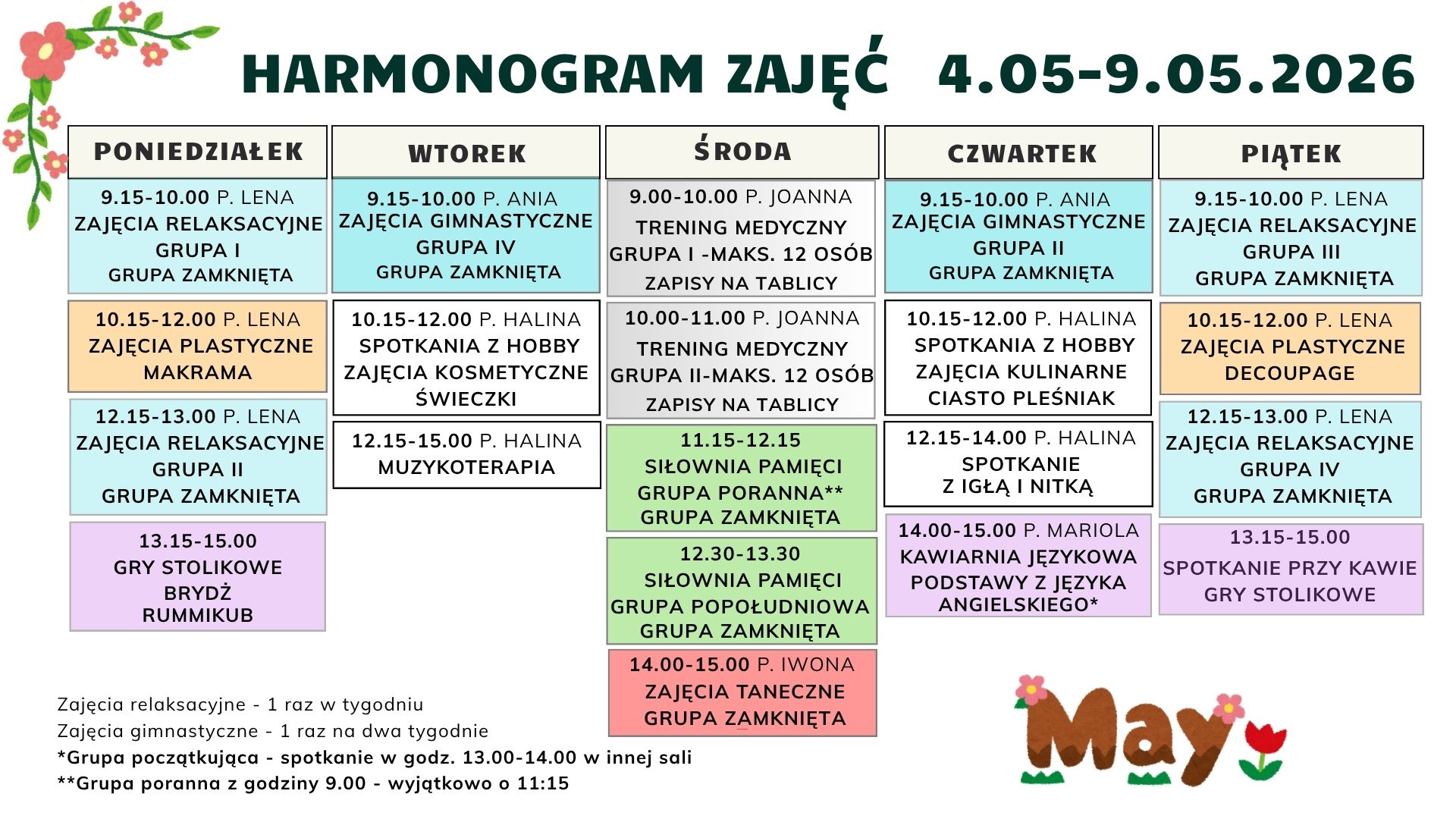 grafik zajęć w Klubie Seniora 4-9.05.26