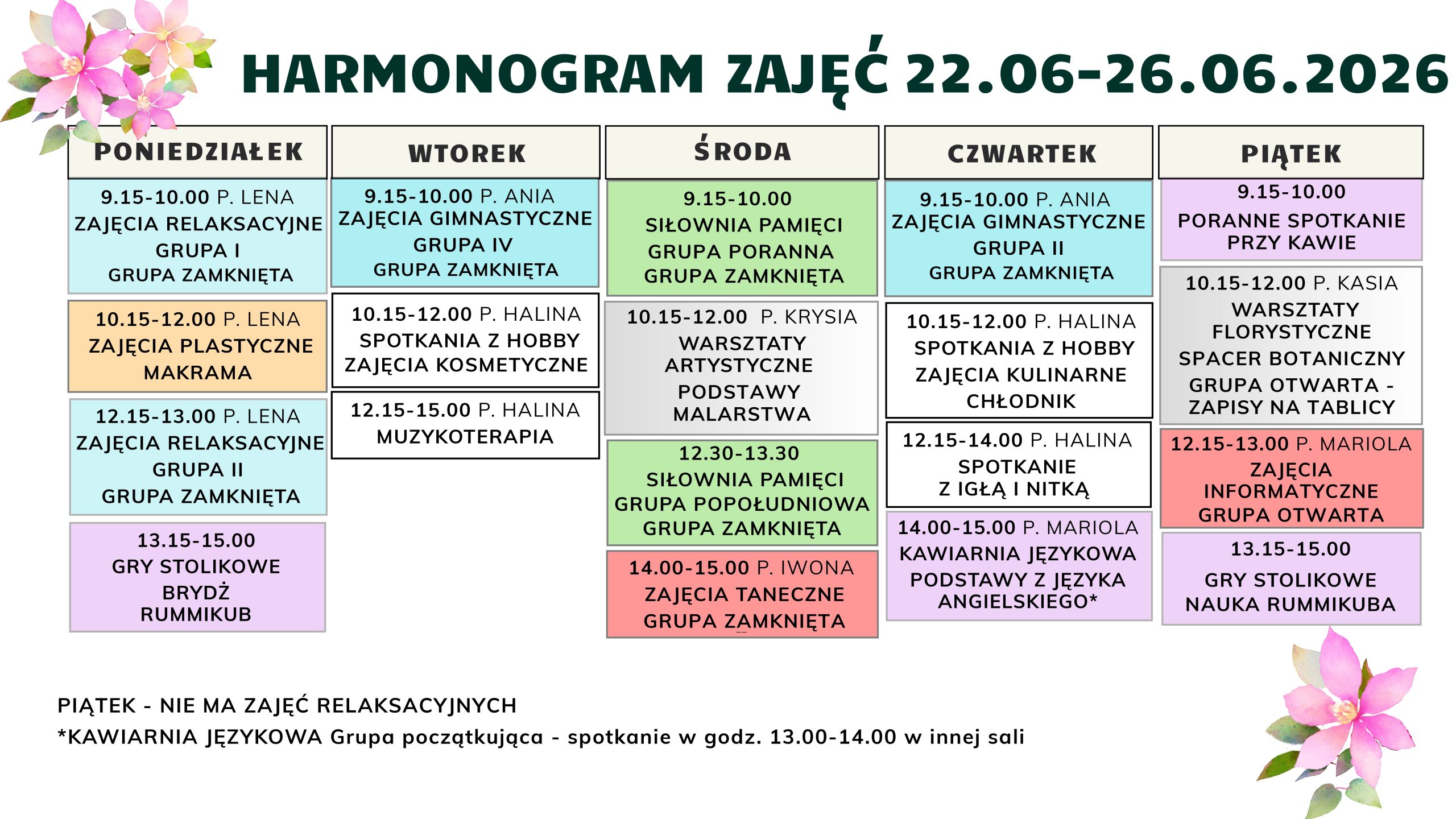 Plakat przedstawiający harmonogram zajęć w formie tabeli na białym tle, ozdobiony rysunkami różowych kwiatów w lewym górnym i prawym dolnym rogu. Tytuł na górze brzmi: HARMONOGRAM ZAJĘĆ 22.06-26.06.2026.</p>
<p>Tabela podzielona jest na 5 kolumn odpowiadających dniom tygodnia, zawierających następujące bloki zajęć:</p>
<p>PONIEDZIAŁEK</p>
<p>9.15-10.00 P. LENA – ZAJĘCIA RELAKSACYJNE GRUPA I (GRUPA ZAMKNIĘTA)</p>
<p>10.15-12.00 P. LENA – ZAJĘCIA PLASTYCZNE MAKRAMA</p>
<p>12.15-13.00 P. LENA – ZAJĘCIA RELAKSACYJNE GRUPA II (GRUPA ZAMKNIĘTA)</p>
<p>13.15-15.00 – GRY STOLIKOWE: BRYDŻ, RUMMIKUB</p>
<p>WTOREK</p>
<p>9.15-10.00 P. ANIA – ZAJĘCIA GIMNASTYCZNE GRUPA IV (GRUPA ZAMKNIĘTA)</p>
<p>10.15-12.00 P. HALINA – SPOTKANIA Z HOBBY: ZAJĘCIA KOSMETYCZNE</p>
<p>12.15-15.00 P. HALINA – MUZYKOTERAPIA</p>
<p>ŚRODA</p>
<p>9.15-10.00 – SIŁOWNIA PAMIĘCI GRUPA PORANNA (GRUPA ZAMKNIĘTA)</p>
<p>10.15-12.00 P. KRYSIA – WARSZTATY ARTYSTYCZNE: PODSTAWY MALARSTWA</p>
<p>12.30-13.30 – SIŁOWNIA PAMIĘCI GRUPA POPOŁUDNIOWA (GRUPA ZAMKNIĘTA)</p>
<p>14.00-15.00 P. IWONA – ZAJĘCIA TANECZNE (GRUPA ZAMKNIĘTA)</p>
<p>CZWARTEK</p>
<p>9.15-10.00 P. ANIA – ZAJĘCIA GIMNASTYCZNE GRUPA II (GRUPA ZAMKNIĘTA)</p>
<p>10.15-12.00 P. HALINA – SPOTKANIA Z HOBBY: ZAJĘCIA KULINARNE CHŁODNIK</p>
<p>12.15-14.00 P. HALINA – SPOTKANIE Z IGŁĄ I NITKĄ</p>
<p>14.00-15.00 P. MARIOLA – KAWIARNIA JĘZYKOWA: PODSTAWY Z JĘZYKA ANGIELSKIEGO*</p>
<p>PIĄTEK</p>
<p>9.15-10.00 – PORANNE SPOTKANIE PRZY KAWIE</p>
<p>10.15-12.00 P. KASIA – WARSZTATY FLORYSTYCZNE: SPACER BOTANICZNY (GRUPA OTWARTA - ZAPISY NA TABLICY)</p>
<p>12.15-13.00 P. MARIOLA – ZAJĘCIA INFORMATYCZNE (GRUPA OTWARTA)</p>
<p>13.15-15.00 – GRY STOLIKOWE: NAUKA RUMMIKUBA</p>
<p>Uwagi na dole plakatu:</p>
<p>PIĄTEK - NIE MA ZAJĘĆ RELAKSACYJNYCH</p>
<p>*KAWIARNIA JĘZYKOWA Grupa początkująca - spotkanie w godz. 13.00-14.00 w innej sali